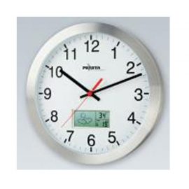 Wall clock, with thermo/hygro displays metal case
